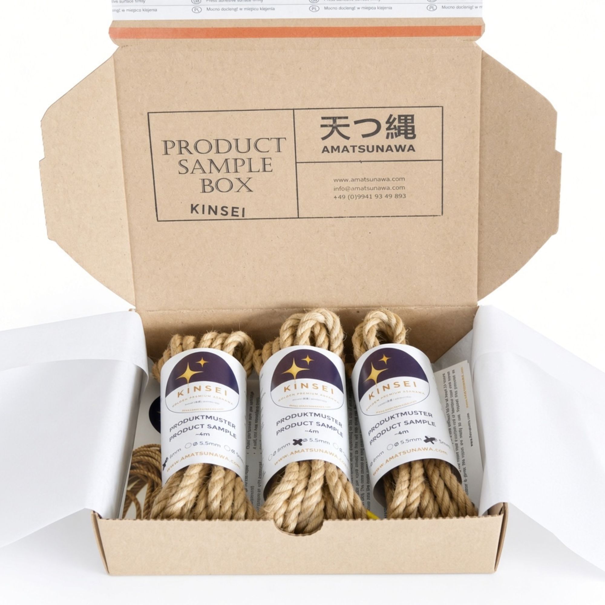 KINSEI sample box, 3x 4m untreated soft golden jute rope, various diameters & 10€ voucher