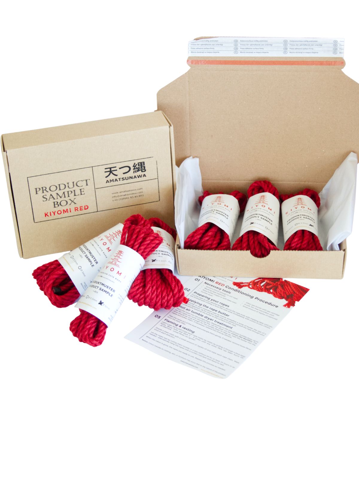 KIYOMI RED sample box, 3x 4m untreated vibrant red rope, various diameters & 10€ voucher 