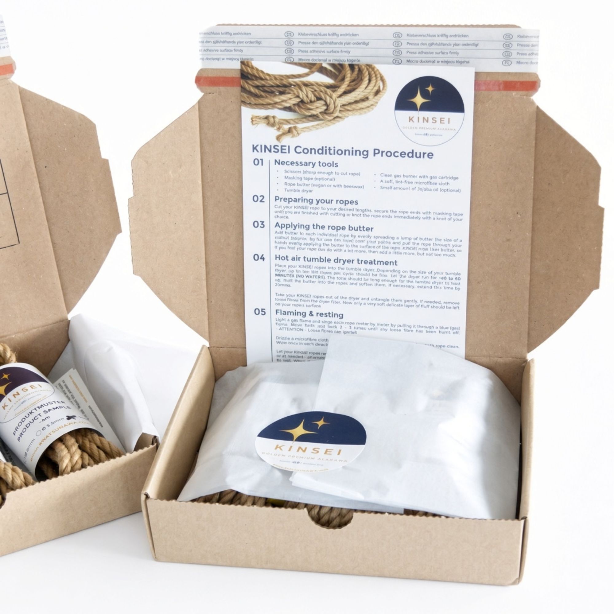 KINSEI sample box, 3x 4m untreated soft golden jute rope, various diameters & 10€ voucher