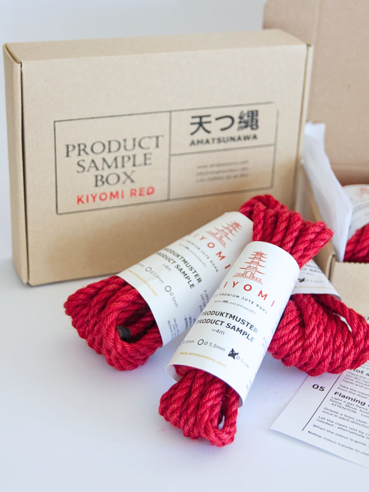 KIYOMI RED sample box, 3x 4m untreated vibrant red rope, various diameters & 10€ voucher 