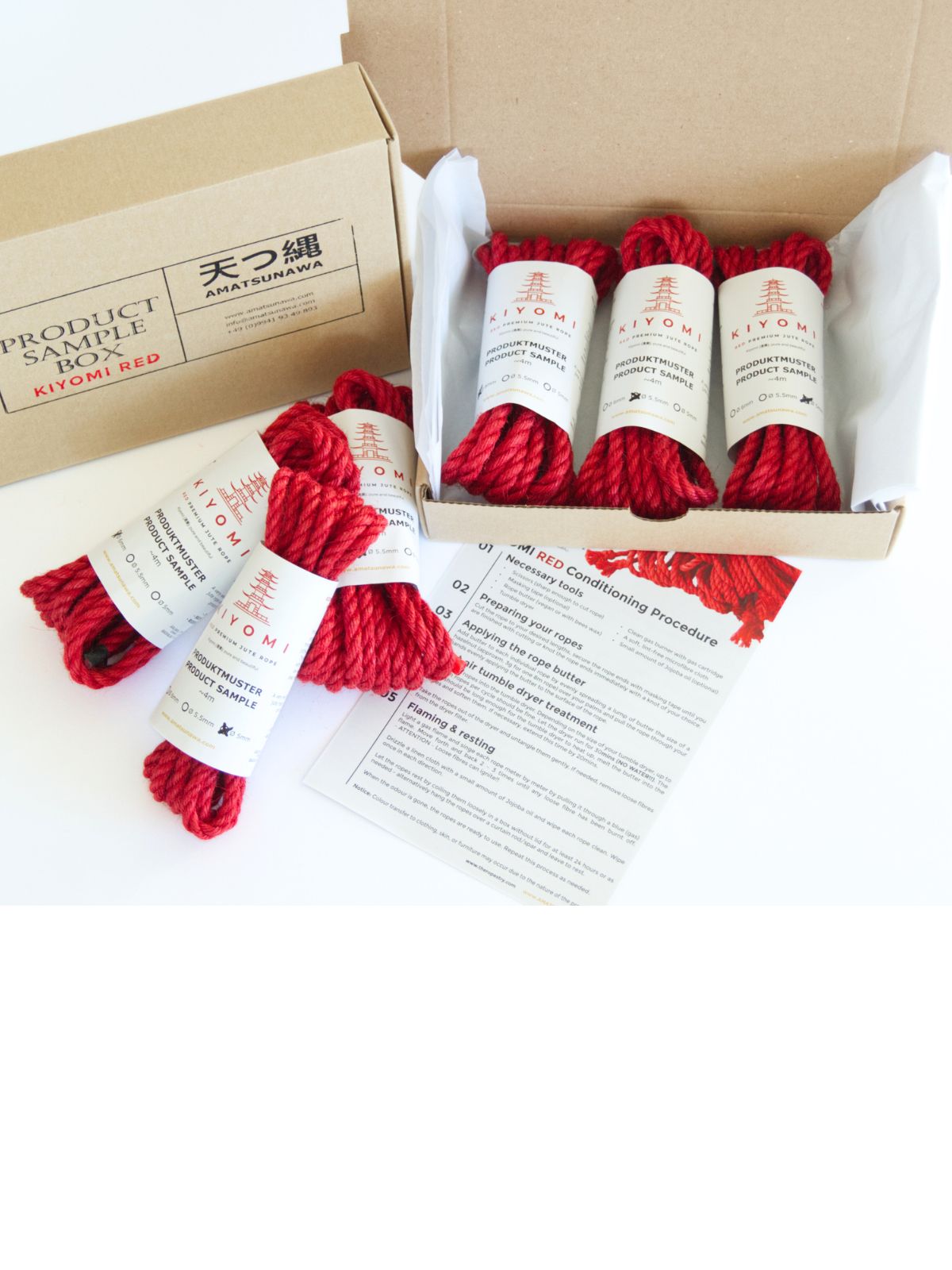 KIYOMI RED sample box, 3x 4m untreated vibrant red rope, various diameters & 10€ voucher 