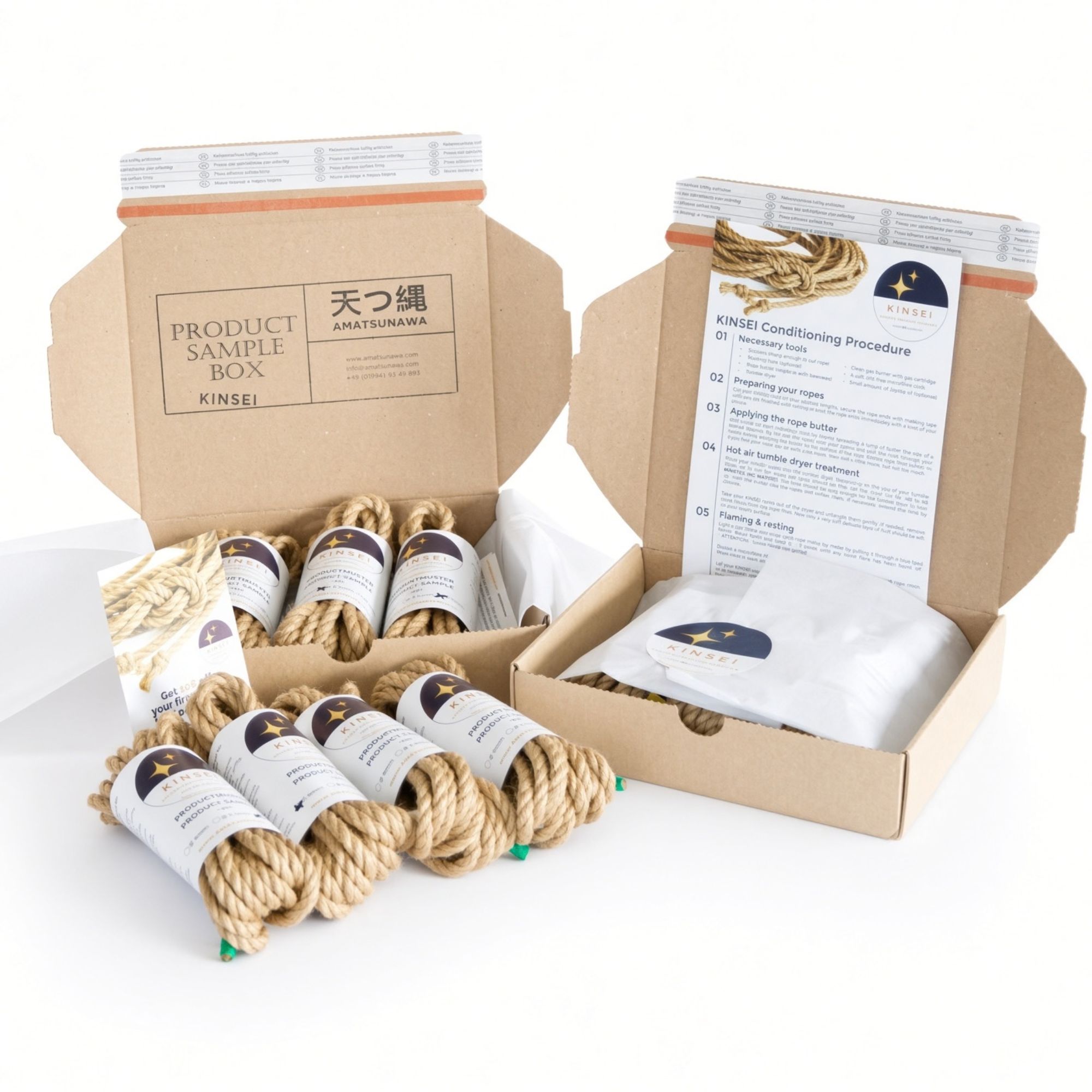 KINSEI sample box, 3x 4m untreated soft golden jute rope, various diameters & 10€ voucher