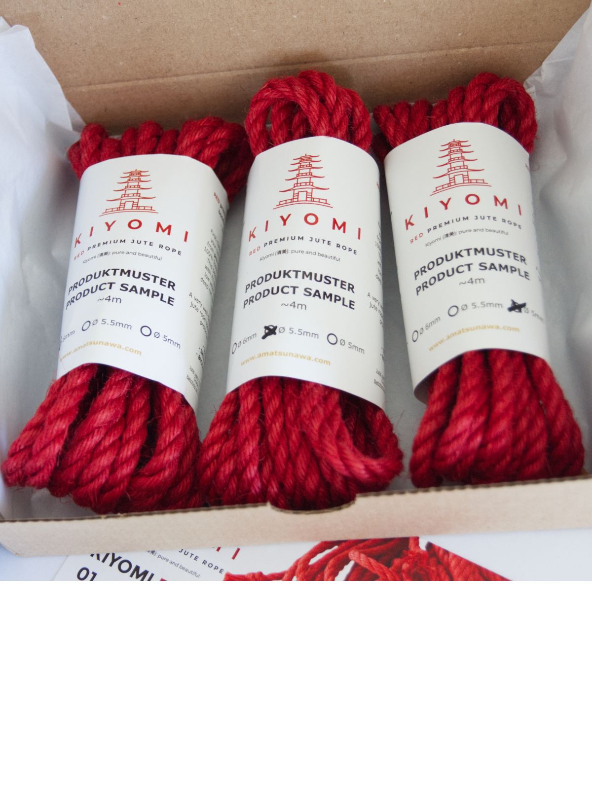 KIYOMI RED sample box, 3x 4m untreated vibrant red rope, various diameters & 10€ voucher 