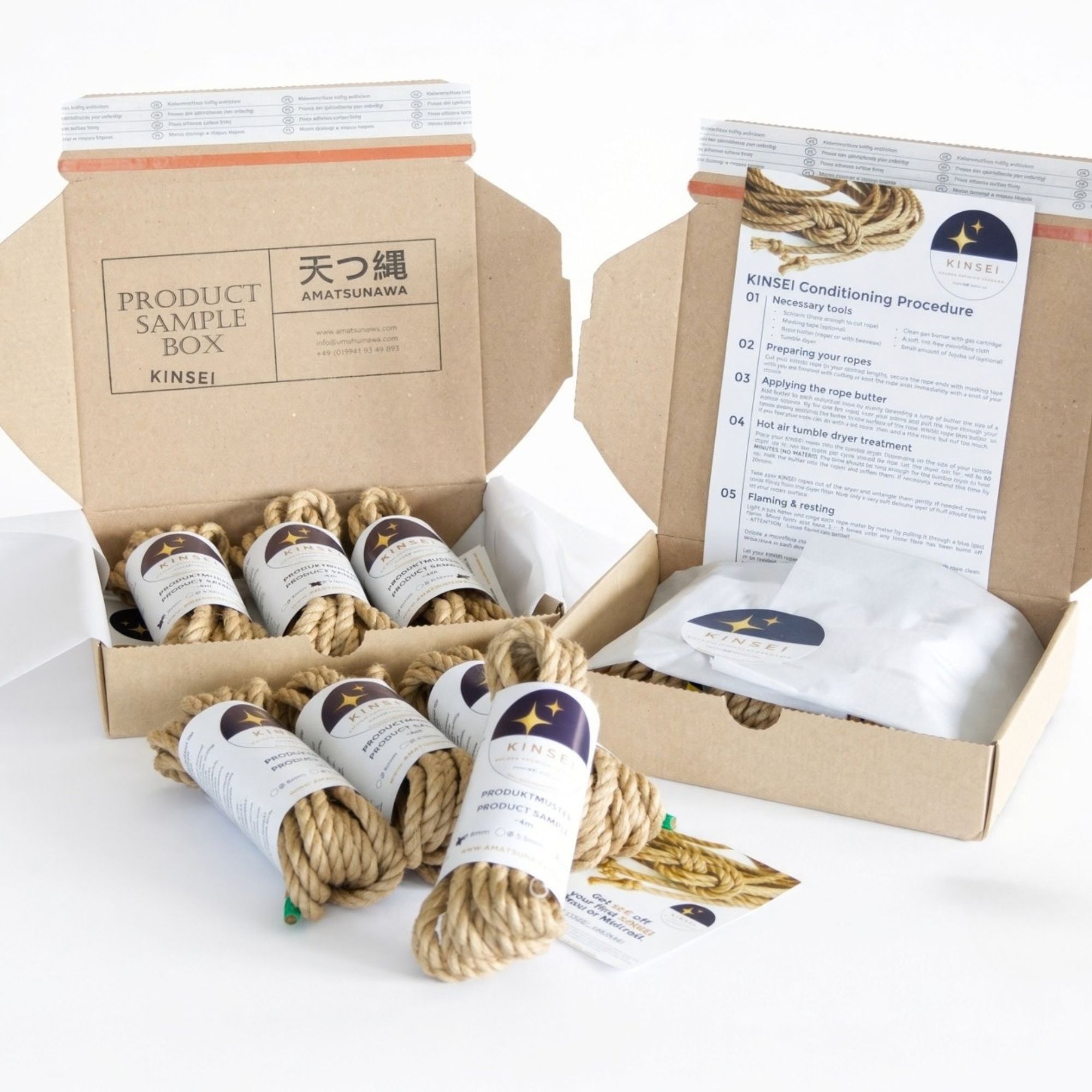 KINSEI sample box, 3x 4m untreated soft golden jute rope, various diameters & 10€ voucher